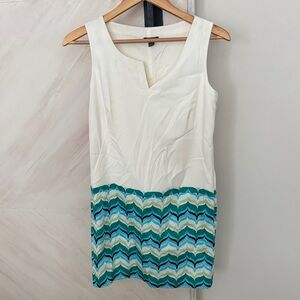 Ann Taylor Sleeveless Chevron Dress in Cream and Teal